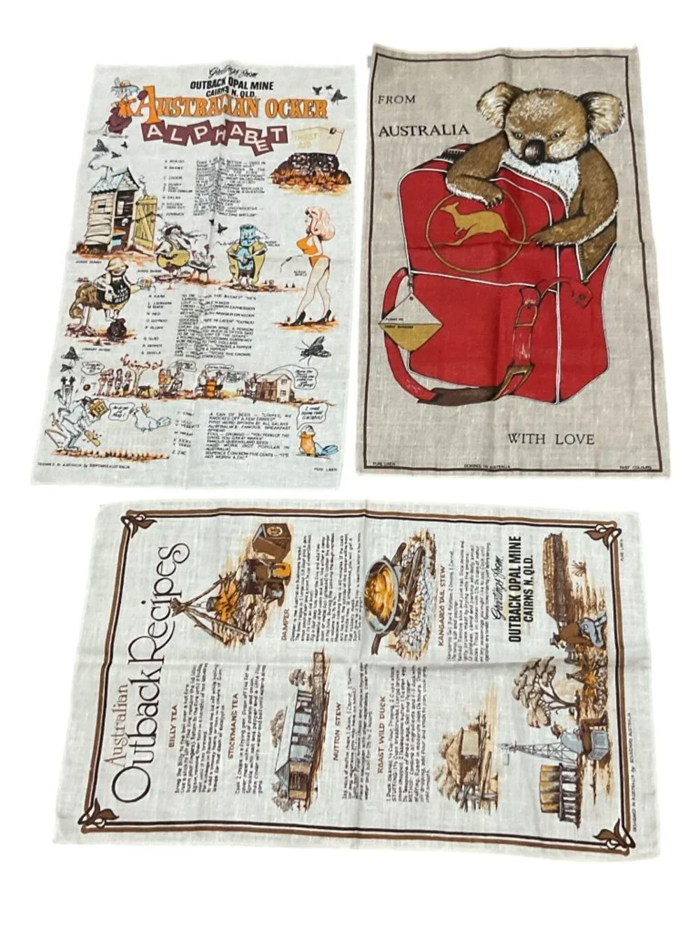 Australian Linen Tea Towels Set Of 3 Featuring Koala Recipes Ocker Alphabet